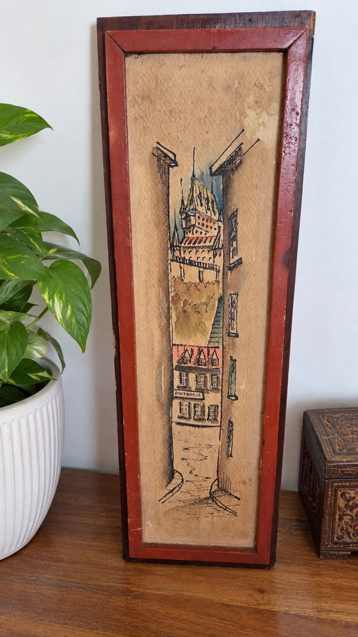 Illustrazione Vintage "Vieux-Québec & Château Frontenac" – Cornice in Legno (Anni '50-'70)