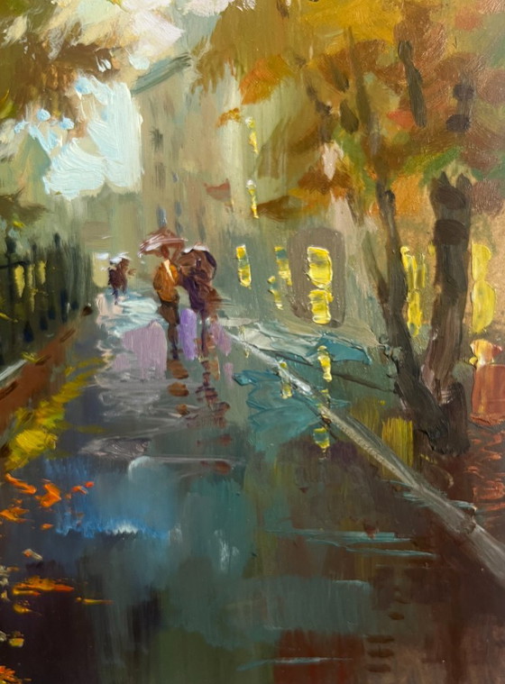 Image 1 of Peinture à l'huile originale, paysage urbain d'automne. Promenade dans un parc urbain en automne.