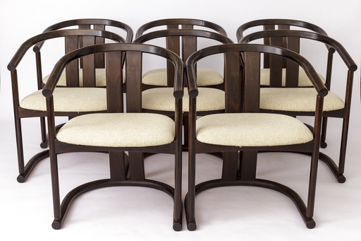 Set of 8 Vintage Casala Dining Armchairs – 1960s/70s Mid-Century Modern Wooden Chairs, Newly Upholstered