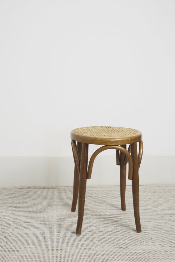 Sgabello vintage in stile Thonet in canna curvata, supporto per piante con seduta rotonda in rattan, (photo 2 of 16)
