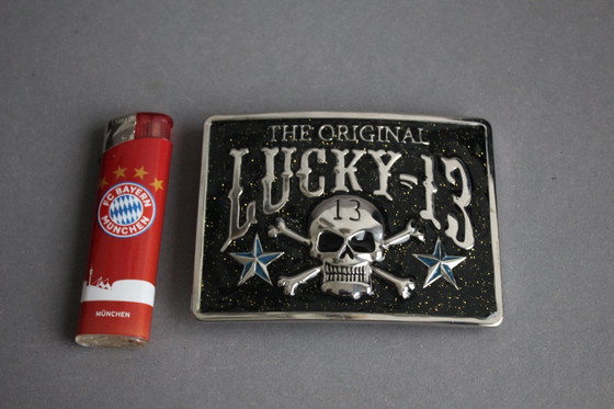 Image 1 of Unusual large belt buckle, original Lucky 13, with rectangular metal skull design