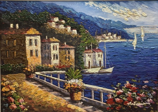 Mixed media painting on retouched canvas, Antonio Wallis 50x70cm, seascape, coast – schilderijen tekeningen (photo 2 of 6)