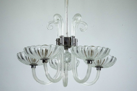 Image 1 of Rare Art Deco Italian Five-Arm Murano Glass Chandelier attributed to Seguso, 1940s