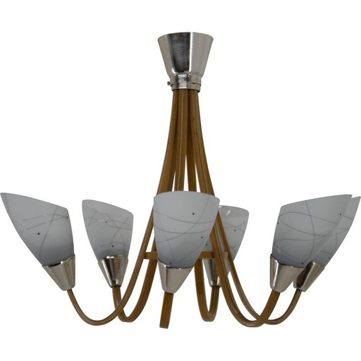 Mid Century kroonluchter van hout en glas van Dřevo Humpolec, Tsjecho-Slowakije 1960