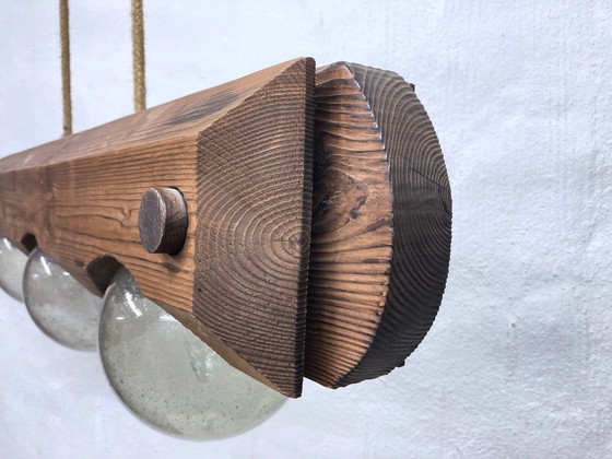 Image 1 of Hanglamp van Temde, gemaakt van hout en glas, met drie lichtpunten, in brutalistische stijl uit de jaren 70.