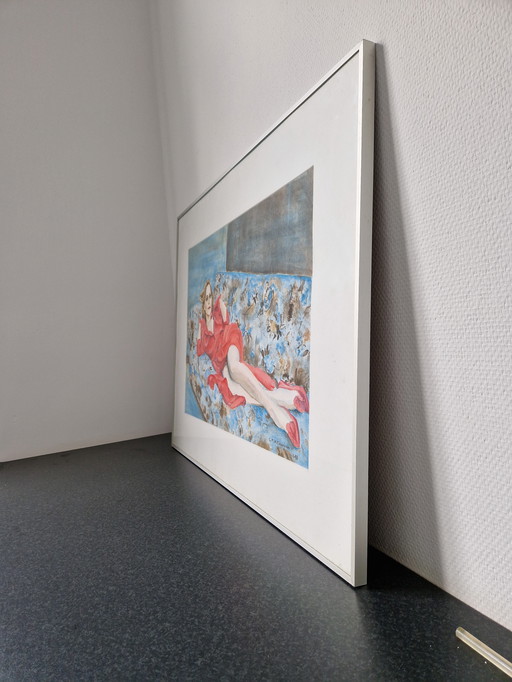 Femme allongée en robe aquarelle portrait sensuel 91 x 71