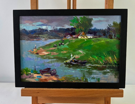 Original Oil Painting Rural Summer Landscape Village Nestled On A Quiet Shore