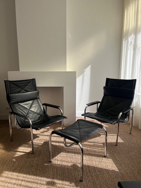 Image 1 of 3er-Set | Hans Eichenberger HE1106 Lounge-Sessel + HE1104 Hocker | Strassle | Schweizer Design aus den 1970er Jahren