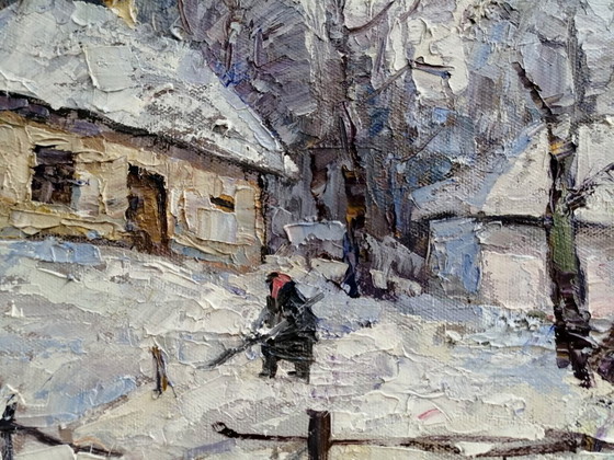 Peinture à l'huile originale Paysage rural Vie de village Il a neigé – Peintures et dessins, Canvas (photo 9 of 11)