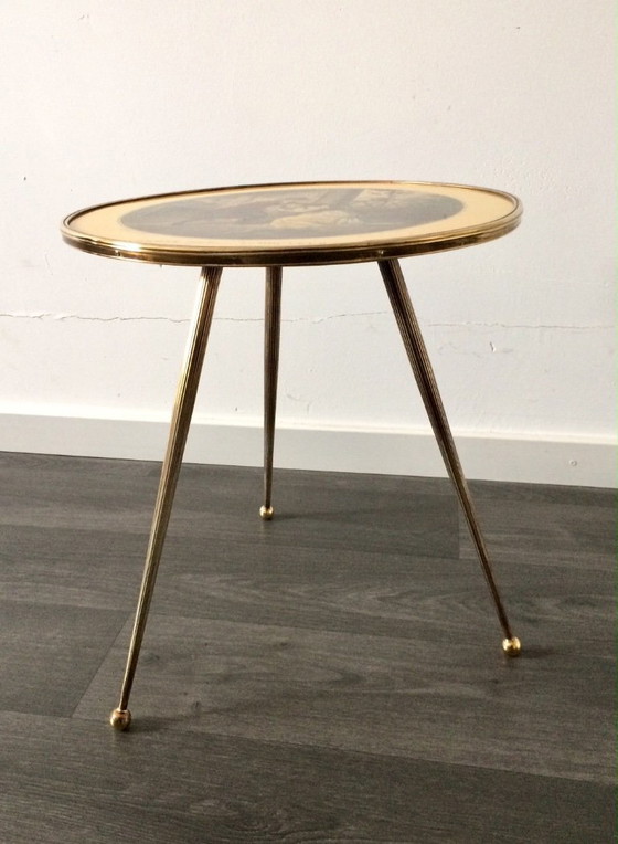 Image 1 of Italian Design Brass Tripod Side Table w printed top 1950's
