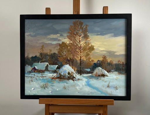 Original Oil Painting Snow Village Landscape Snow and sunset lights