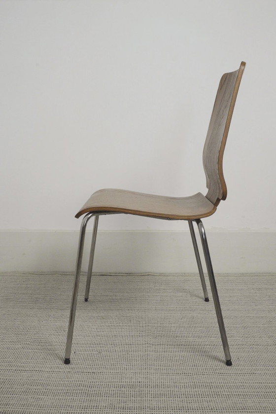 Image 1 of Chaises IKEA Gilbert en teck vintage, ensemble de 6 chaises de salle à manger empilables en contreplaqué de teck, style scandina