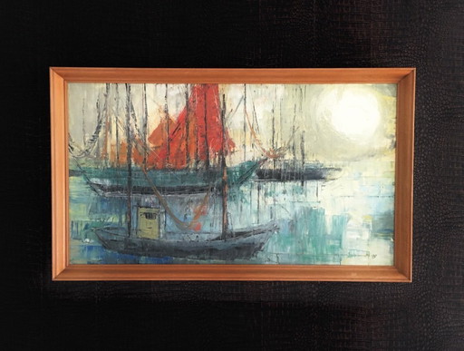 Dipinto originale firmato "Marina" Scena di barca anni '60 Belgio