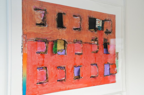 Image 1 of Signed Guido Coletti “Closed Windows” Plexiglas–Framed Mixed-Media Work, 1980s