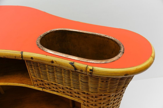 Image 1 of Bamboe bar met 5 bamboe barkrukken, jaren 1950, Italië