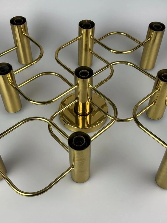 Image 1 of 60s 70s 9-lichts plafondlamp van Leola Leuchten Duitsland in messing