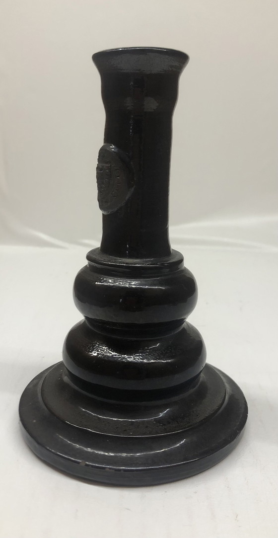 Image 1 of Vintage Black Ceramic Candle Holder Signed AP