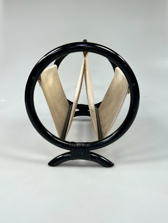 Image 1 of Leggio rotondo vintage / portariviste, rattan nero, anni '70