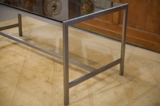 Scrivania di design in acciaio inox spazzolato e vetro fumé nero, anni '80