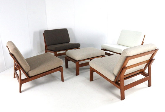 Image 1 of Gruppo di sedute comfort 'Nimtofte' | 4 poltrone + poggiapiedi vintage danese