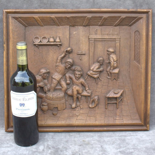 Faux Wood Carved Wall Panel 18 x 15 inch drunk men in an old pub 45,5 x 38 cm Vintage Home Decor wall art architectural salvage