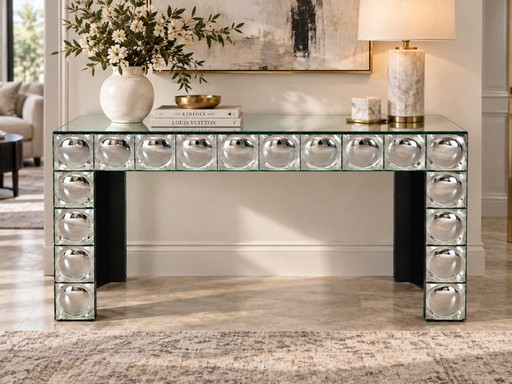 Console tafel van glas met gebogen zilveren spiegeltegels entree tafel