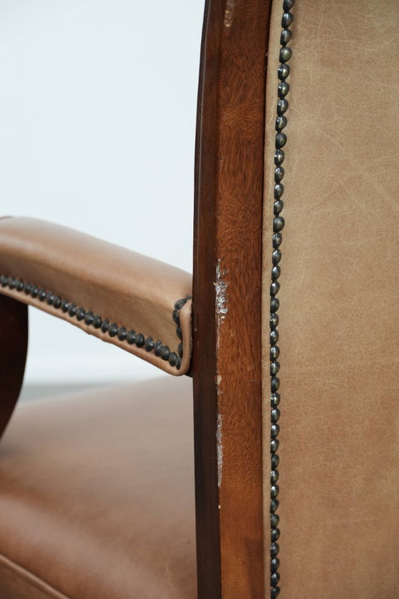 Image 1 of Rundleren en houten swiffel en tilt chesterfield bureaustoel in Engelse stijl op wieltjes