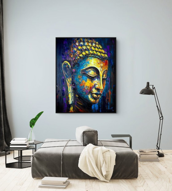 Image 1 of Unique hand-painted Buddha painting "Soul Echo" – Seksak Jaichumchen – 100 × 120 cm