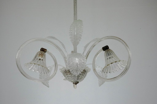 Art Deco Murano Glass Three-Arm Chandelier, Italy, 1940s