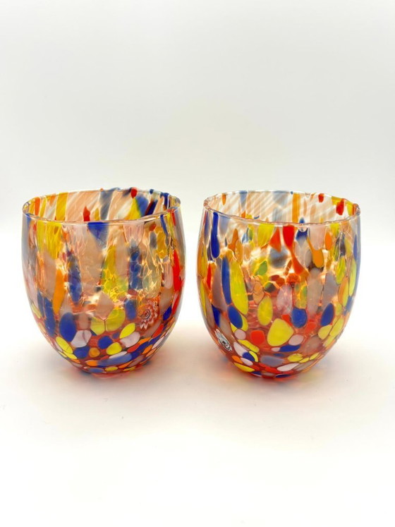 Image 1 of Set di 6 bicchieri in vetro soffiato veneziano con murrine Effetre Murano fuse nel vetro, hand made in italy.