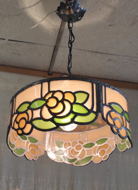 Image 1 of Hanglamp van glas en lood in Tiffany-stijl - midden 20e eeuw