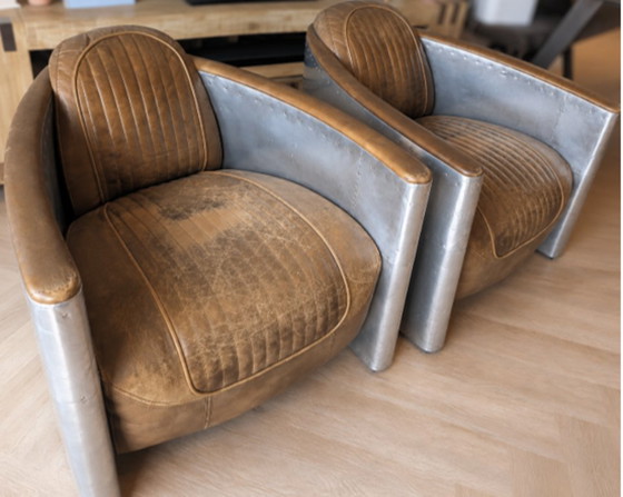 2 poltrone da aviatore in stile industriale – Alluminio e pelle vintage – Leather, Metal (photo 3 of 5)