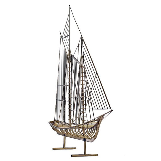 Image 1 of 1976 Curtis Jere Alambre de latón Galeón Barco Velero Escultura de metal Arte