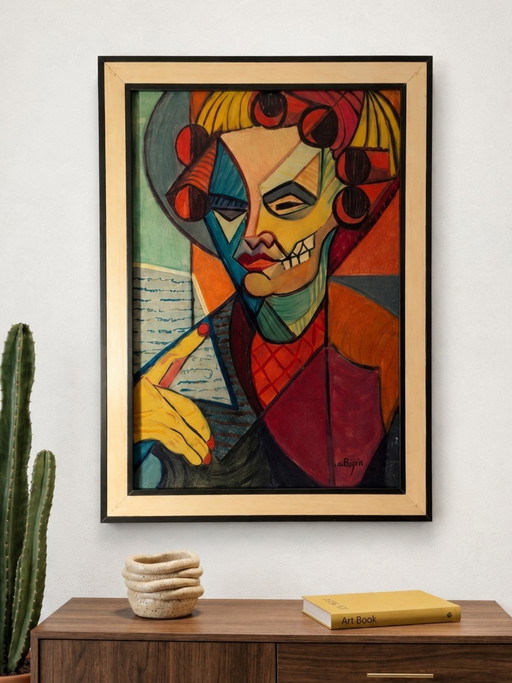Anatomical Cubist Portrait: Vanity with Curlers, oil on linen canvas, signed Calezis, circa 1955