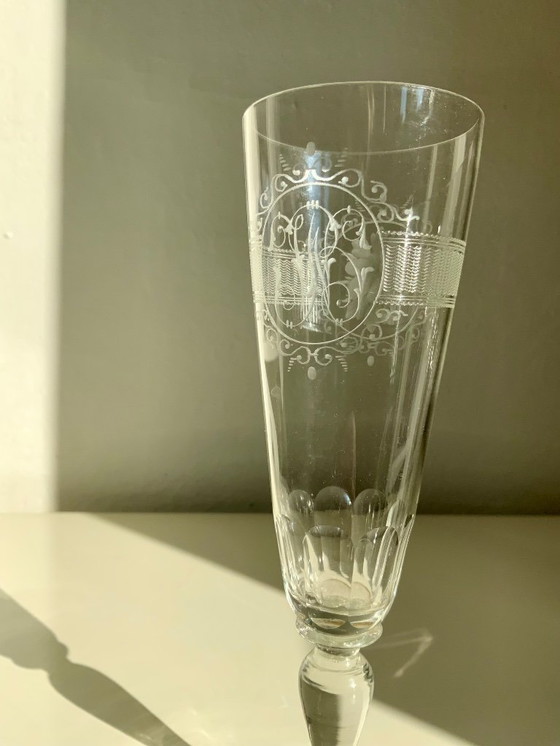 Image 1 of Bicchiere da vino/champagne in cristallo antico inciso a mano - Monogrammato - Circa 1900