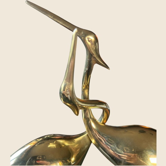 Image 1 of Raro ritrovamento! Statuetta vintage in ottone – Due gru intrecciate su base in legno | Ottime condizioni