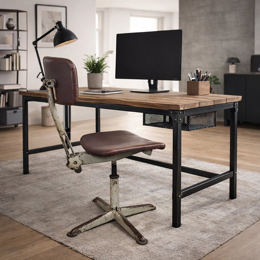 Sedia da ufficio industriale regolabile in Skai/metallo vintage (anni '40) sedia da scrivania industriale regolabile