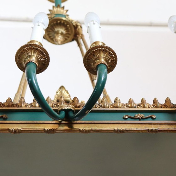 Lampadario in bronzo dorato e metallo laccato verde, 20 lampadine, Italia, inizio XX secolo. – Bronze (photo 16 of 18)