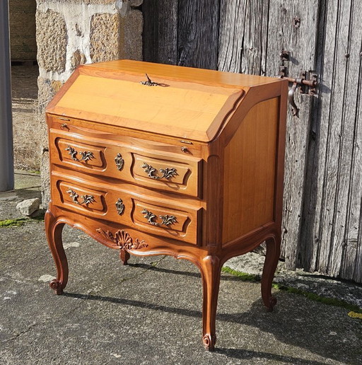 Scrivania da ufficio vintage in legno di ciliegio, mobiletto da ufficio, cassettiera, stile Luigi XV, anni '80