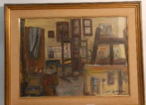 Pintura de escena interior de mediados del siglo XX, enmarcada