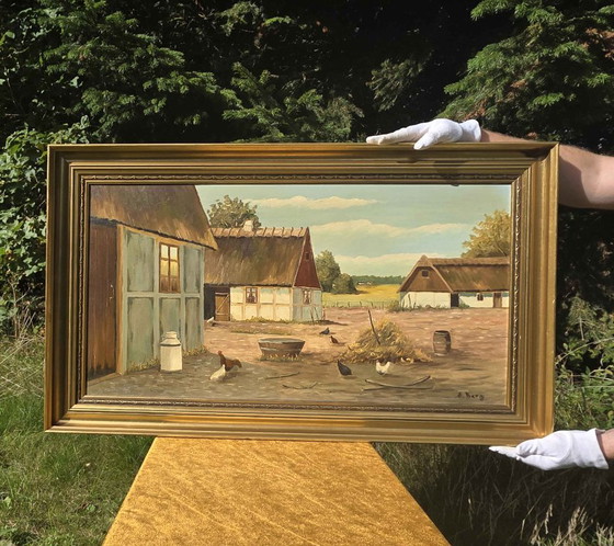 Large Vintage Oil Painting - Sunlit Farmyard with Chickens – Paintings & Drawings, Canvas (photo 3 of 12)