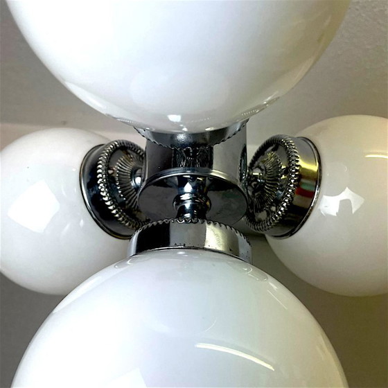 Space Age Chandelier in Chromed Metal with 4 White Opaline Glass Globes, 170s (photo 7 of 12)