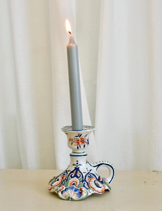 Portacandele vintage in maiolica di Rouen, candeliere floreale francese dipinto a mano – Ceramic, Rustic (photo 4 of 5)