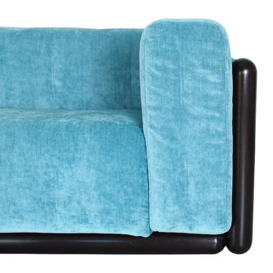 Image 1 of Cornaro two-seater sofa in iroko wood and blue velvet by Carlo Scarpa for Studio Simon, Italy, 1974