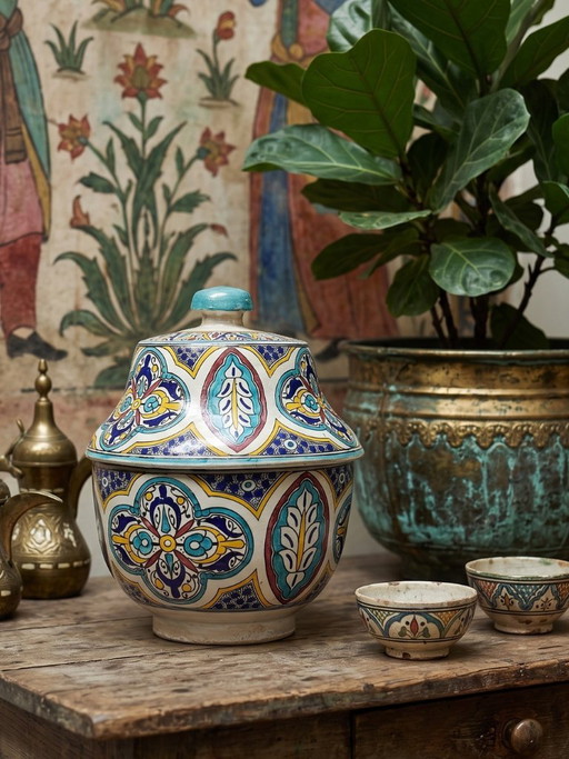 Grande Jobbana Ancienne de Fès en Faïence Polychrome, Maroc XXe – decoratieve objecten, Ceramic (photo 2 of 15)