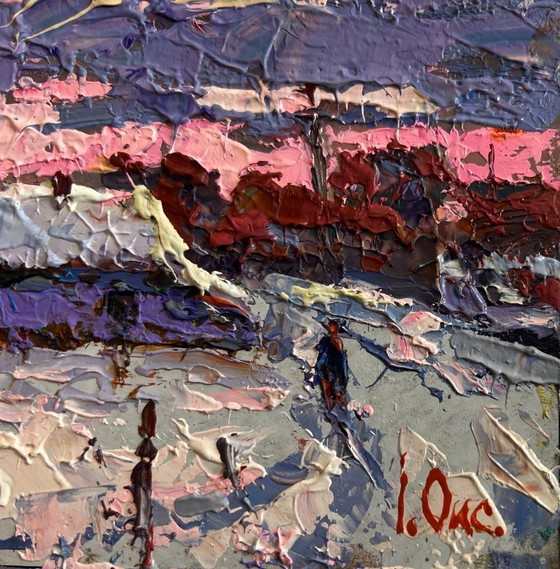 Image 1 of Original Oil Painting Evening Village Landscape Pink winter evening