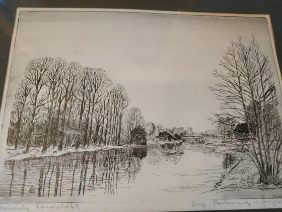 Image 1 of Hans Willi Koch, 1976, Ets van een Duits Rivieren landschap ergens aan de Rijn