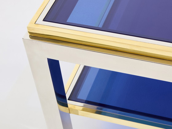 Image 1 of Paar bijzettafels van messing en chroom met twee niveaus Willy Rizzo Flaminia 1970S