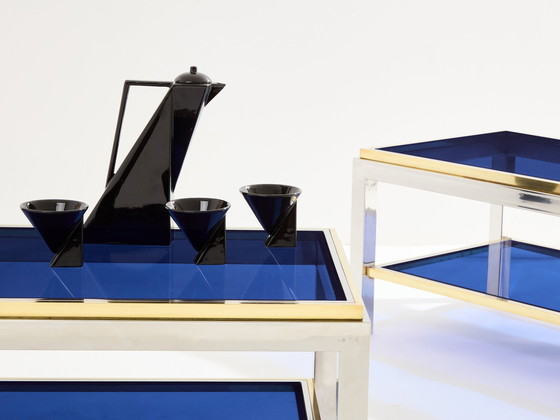 Image 1 of Paar bijzettafels van messing en chroom met twee niveaus Willy Rizzo Flaminia 1970S