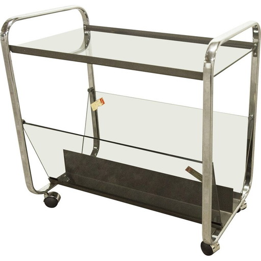 Vintage Echts Kristall Spiegelglas Parsol serveertafel in gerookt glas en chroom, jaren 1980